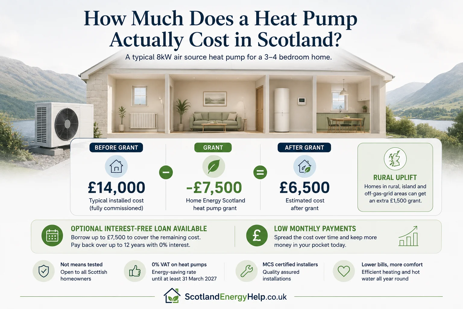 Infographic showing how much funding you can get: £7,500 HES grant, £1,500 rural uplift and £7,500 interest-free loan totalling £16,500