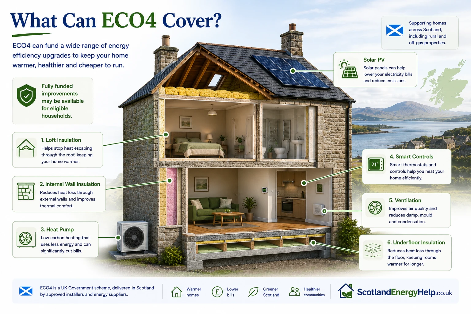 What ECO4 covers — cross-section of a Scottish stone home showing loft insulation, internal wall insulation, heat pump, smart controls, ventilation, underfloor insulation and solar PV
