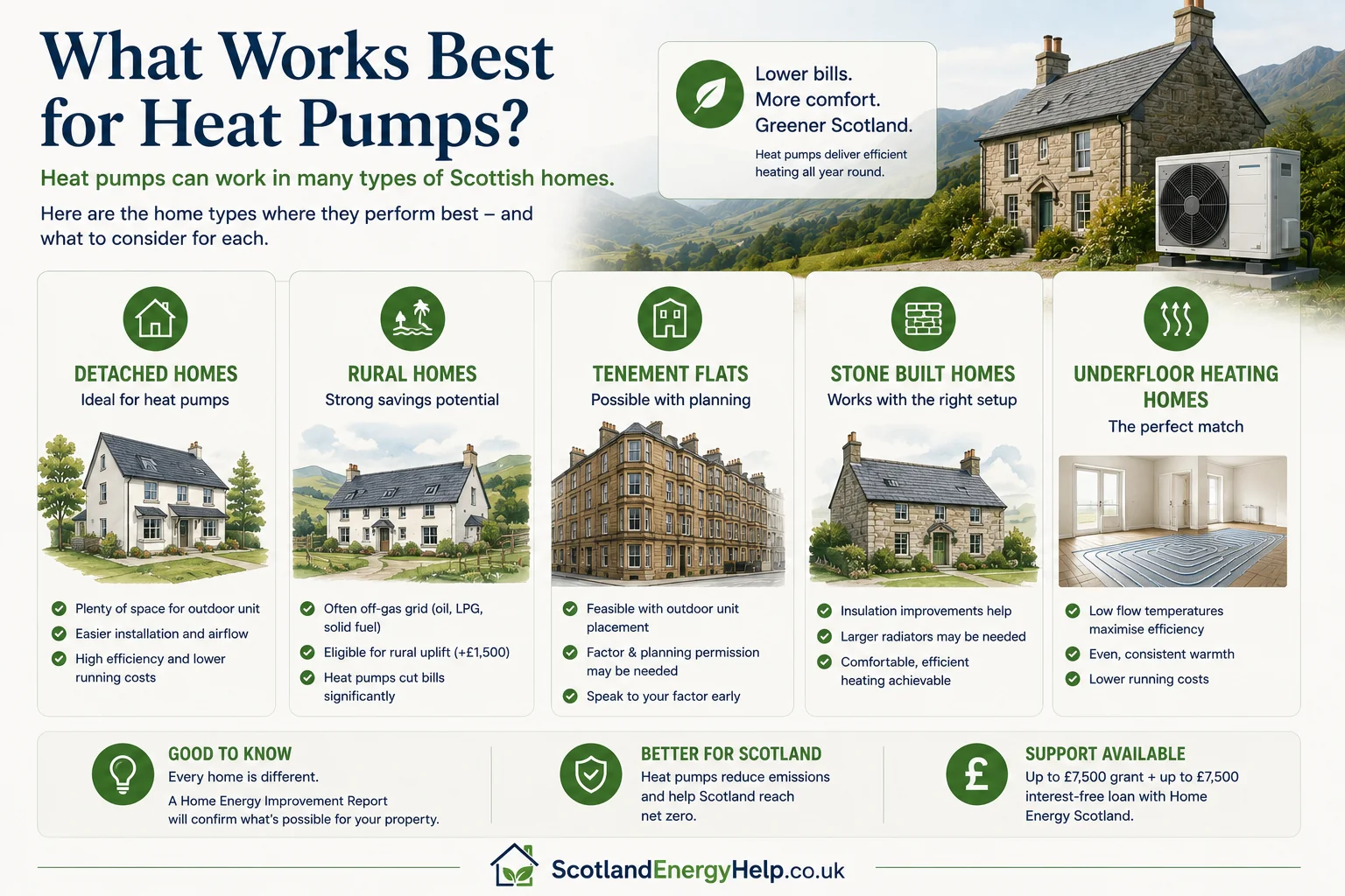 Illustration of Scottish home types best suited to heat pumps: detached, semi-detached, rural cottages and well-insulated properties