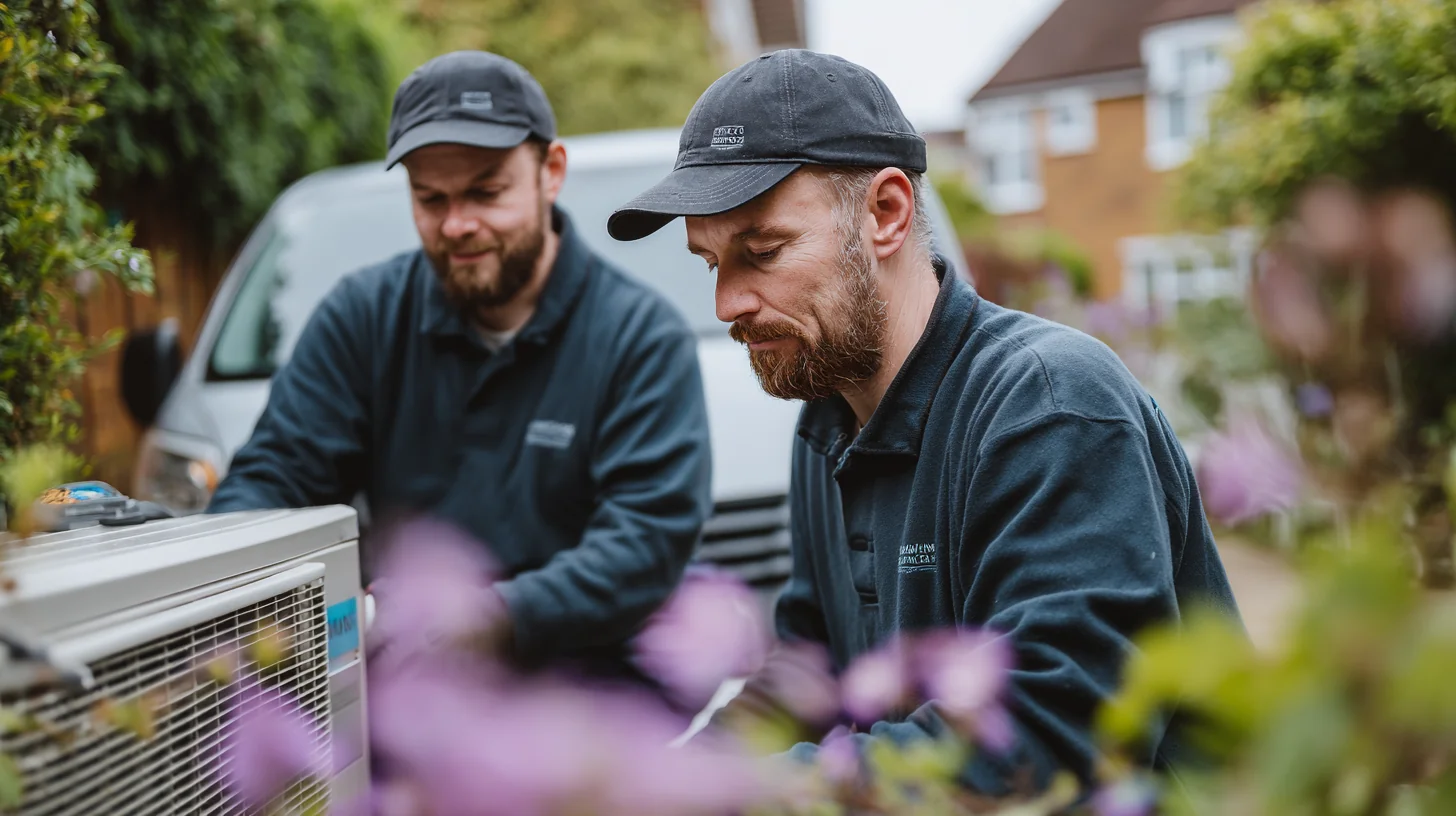 Two MCS-certified heat pump installers working on an outdoor air source heat pump unit at a Scottish home