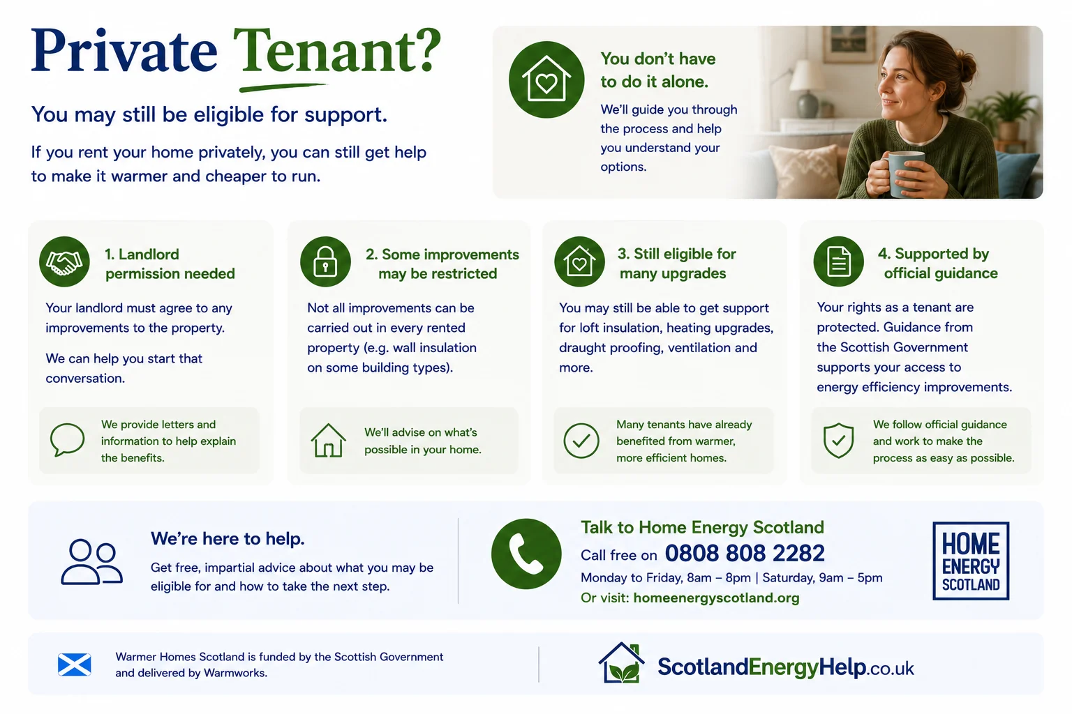 Private tenant guide — you may still be eligible for Warmer Homes Scotland support. Infographic explaining landlord consent, restrictions, and what upgrades remain available to renters.