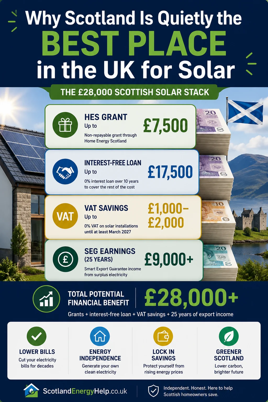 The £28,000 Scottish solar stack — grants, interest-free loan, VAT savings and 25 years of export income