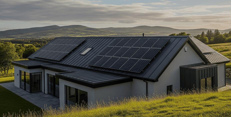 A modern Scottish home with a full roof of solar panels in a rural Highland setting