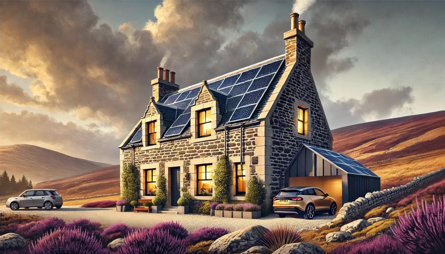 A traditional Scottish stone home with solar panels on the roof, set in a rural landscape