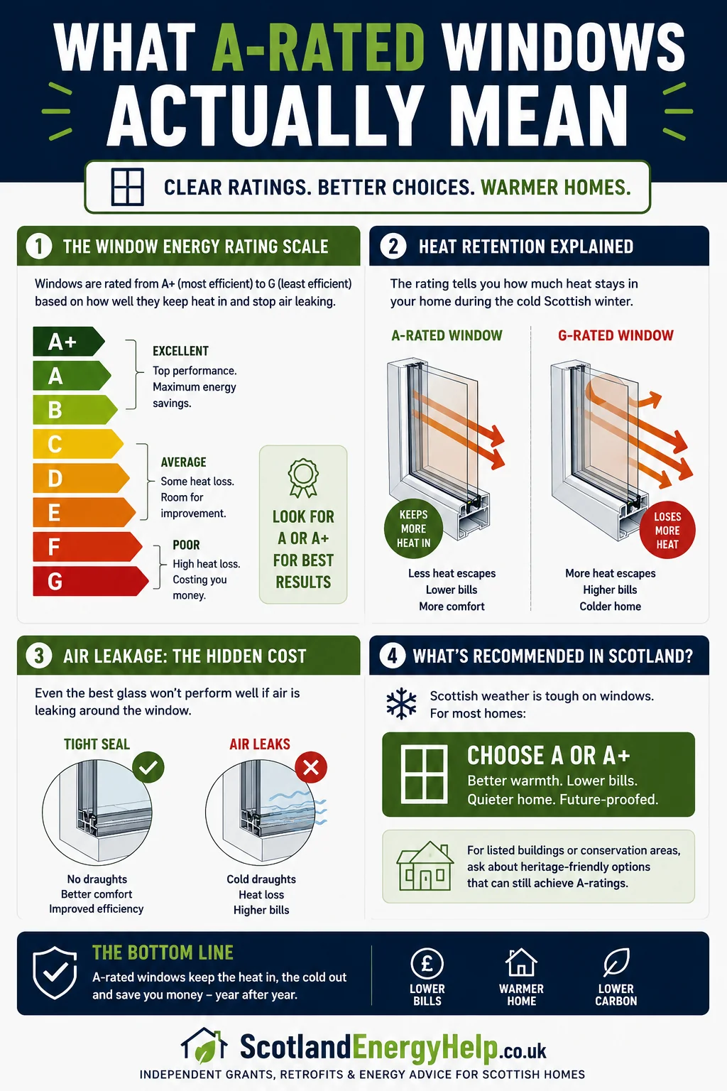 Explainer showing the A to G window rating scale, air leakage and why A-rated windows matter
