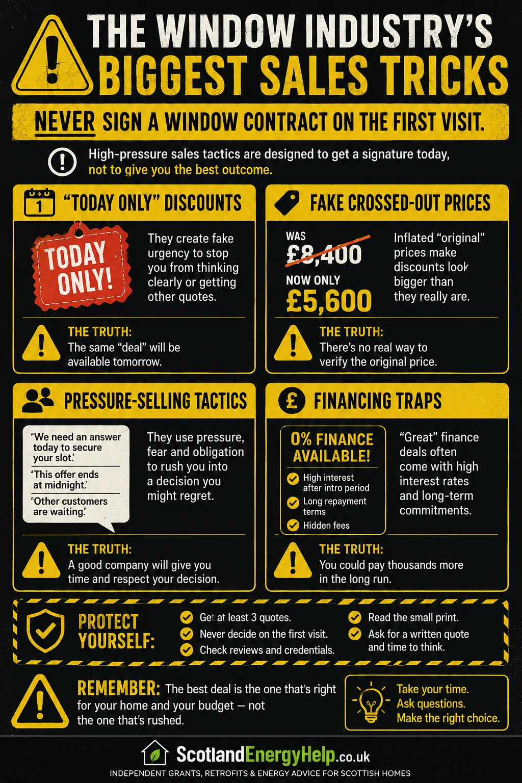 Warning poster showing the window industry's biggest sales tricks and high-pressure tactics