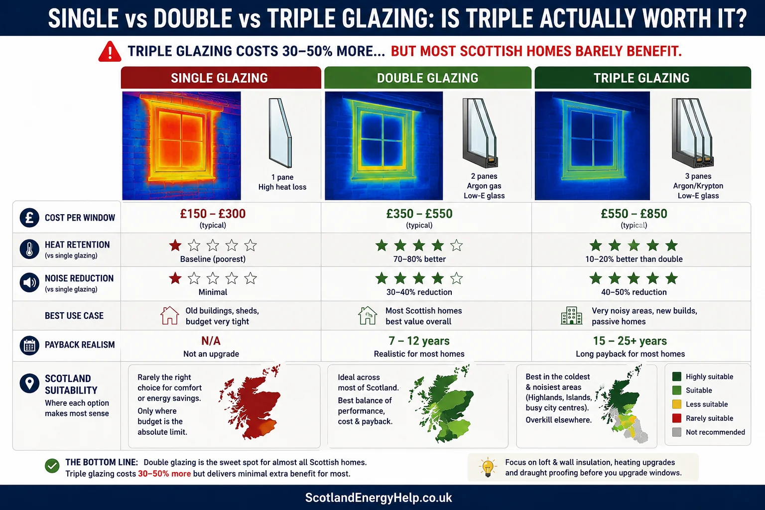 Single vs double vs triple glazing compared on cost, heat retention, noise reduction and Scottish suitability