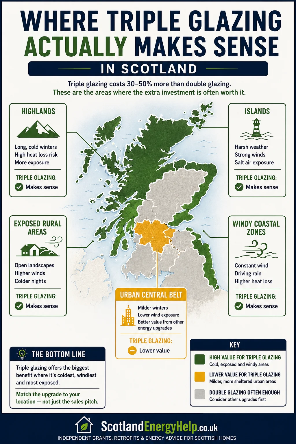 Map of Scotland showing where triple glazing offers better value and where good double glazing is often enough