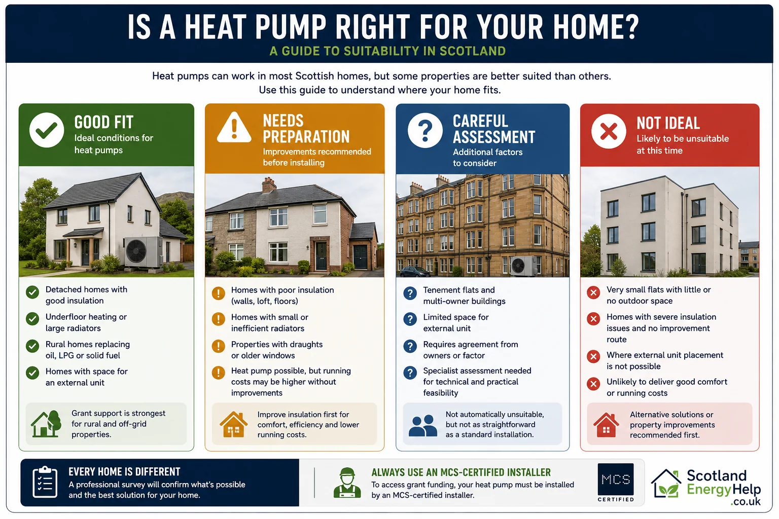 Is a heat pump right for your home — good fit, needs preparation, careful assessment and not ideal cases