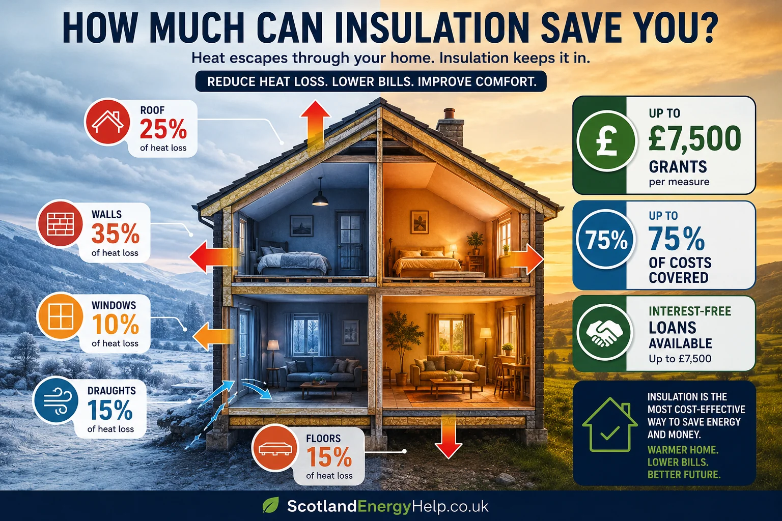 How much can insulation save you — heat loss through roof, walls, windows, draughts and floors, plus available grants