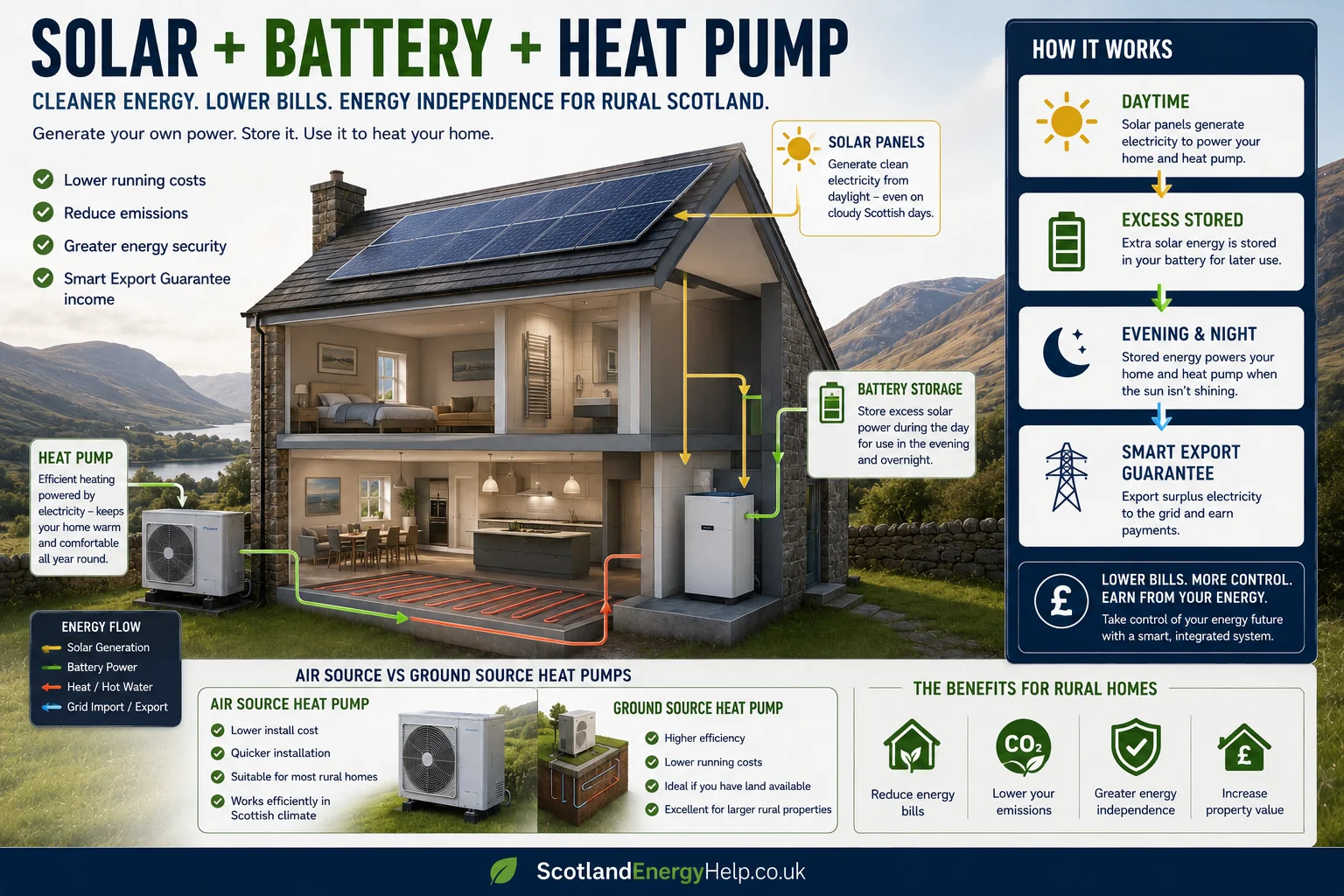How solar PV, battery storage and a heat pump work together in a rural home — daytime generation, evening storage and Smart Export Guarantee income